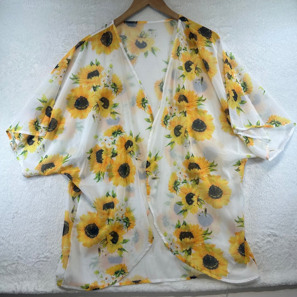 NWT Hibluco Cottagecore Sunflower Print Kimono Cardigan Large Boho Summer Yellow